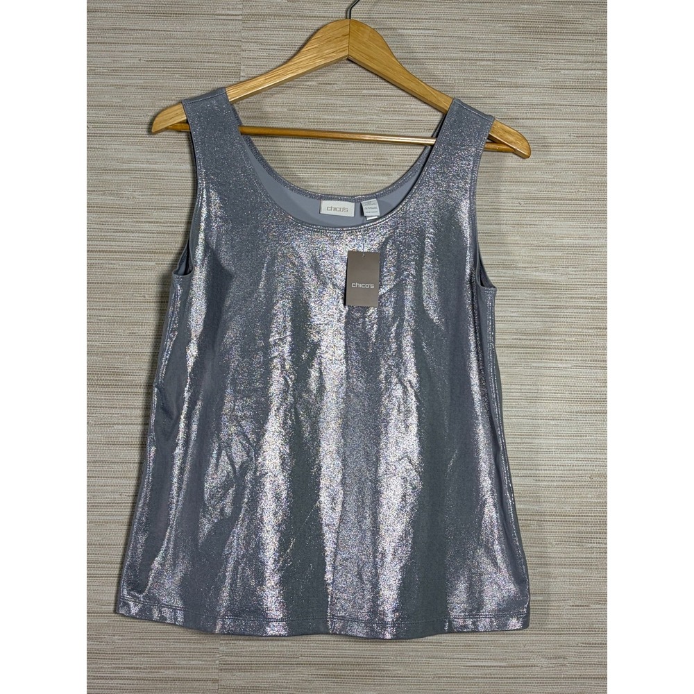 Chico's Microfiber Foil Tank Top Women 2 L Silver Glitter Metallic NWT